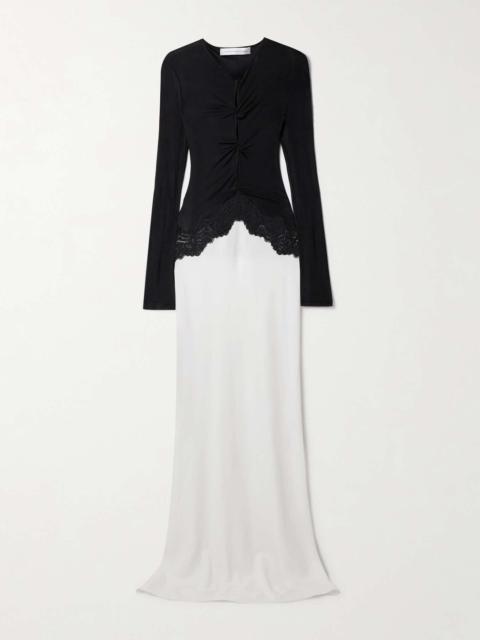 Cutout twist-front lace-trimmed ribbed-knit and crepe gown White