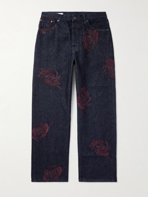Embroidered Straight-Leg Jeans Blue