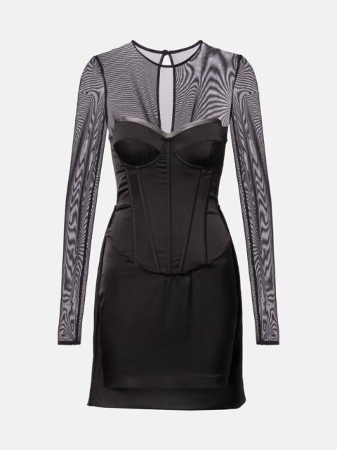 Mesh-trimmed satin corset dress