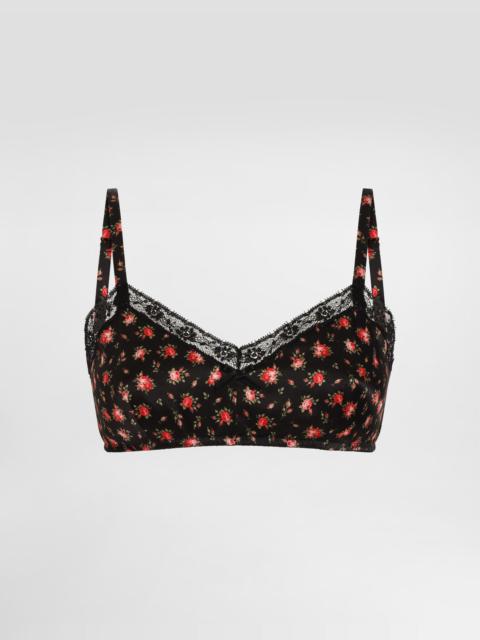 Small rose-print satin and lace bra