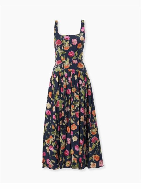 Poppy-Print Drop Waist Midi Dress