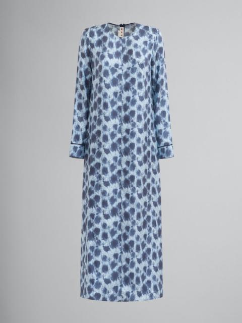 GREY SILK LONG DRESS WITH CRAYON LEOPARD PRINT
