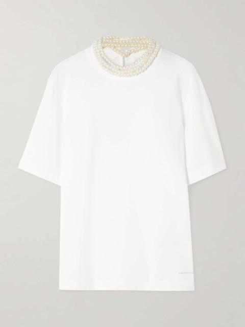 Faux pearl-embellished cotton-jersey T-shirt White