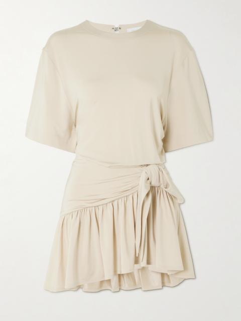 Asymmetric Bow-detailed Gathered Satin-jersey Mini Dress