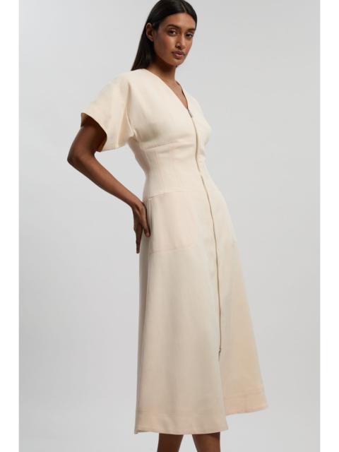 Tencel Blend Tailored V Neck Zip Detail Maxi Dress