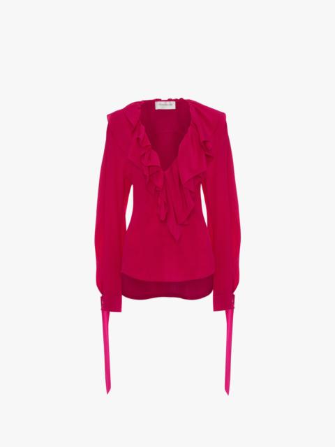 Deep V Ruffled Blouse in Fuschia