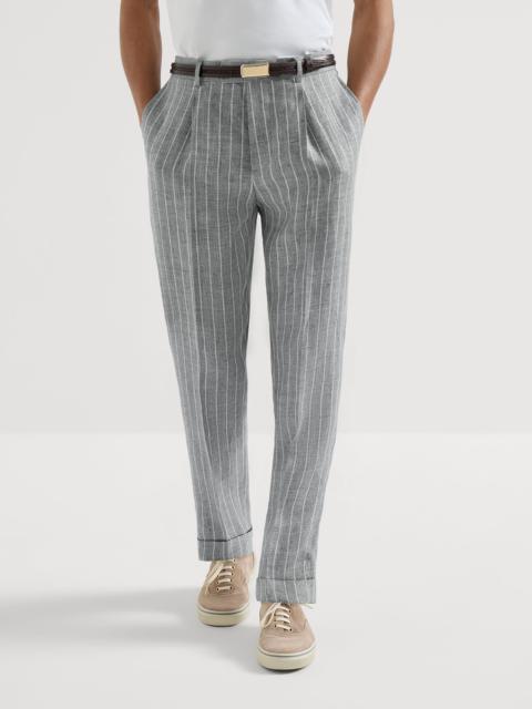 Chalk stripe linen twill trousers with pleat