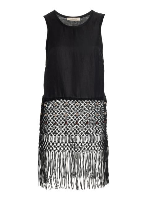 Vision Macrame-Fringed Cotton-Linen Top black