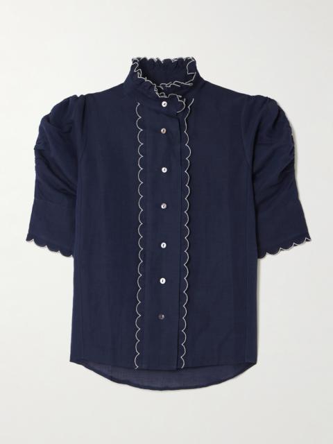 Vita Scalloped Ruched Cotton And Linen-blend Blouse