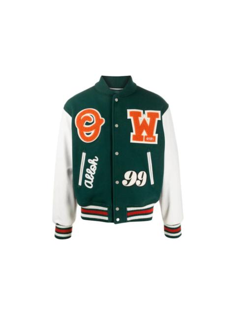 OFF-WHITE Leather Logo Patch Varsity Jacket Dark Green/Orange