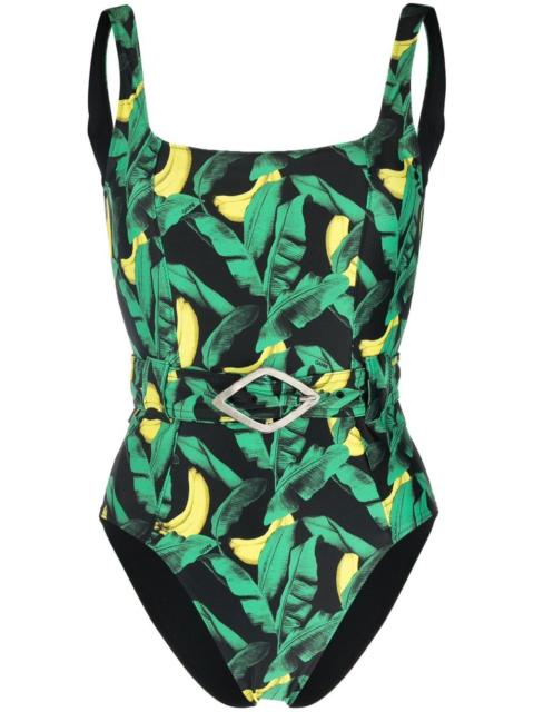 banana tree-print belted swimsuit