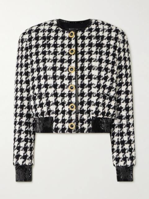 Button-embellished Faux Patent Leather-trimmed Houndstooth Tweed Jacket