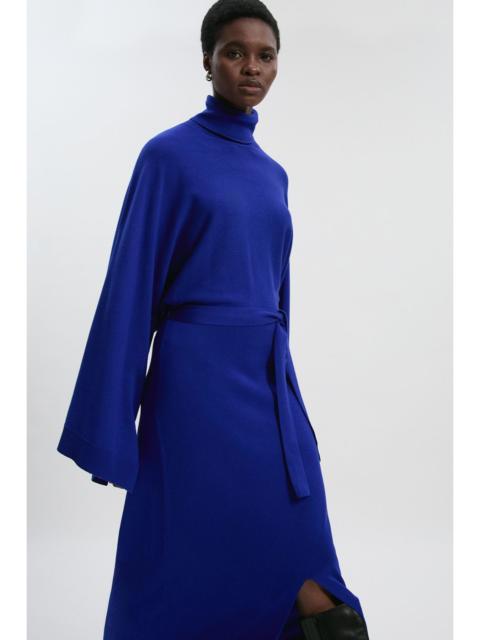 Viscose Blend Funnel Neck Belted Knitted Midi Dress