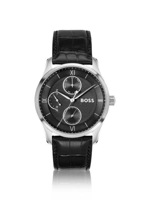 LEATHER-STRAP WATCH WITH BLACK DIAL