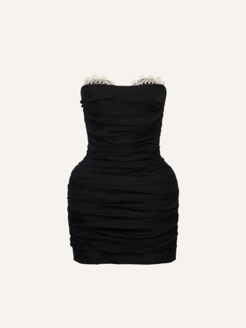 Strapless ruched silk mini dress in black