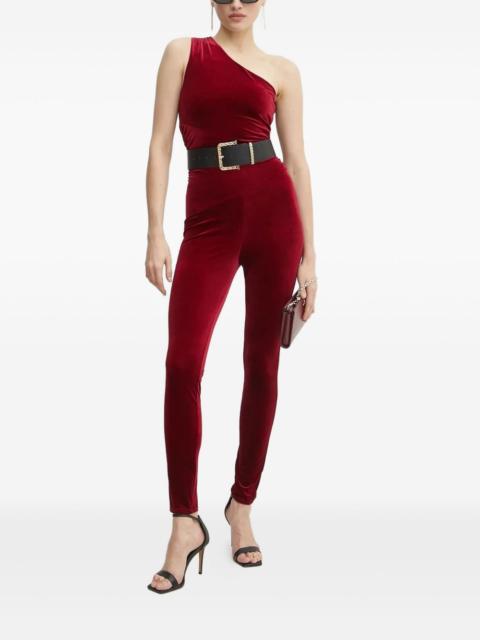 one-shoulder velvet jumpsuit