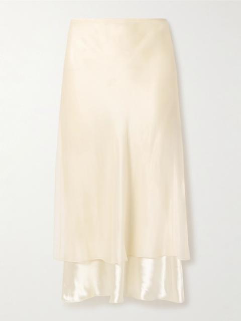Monina layered satin and organza midi skirt Cream