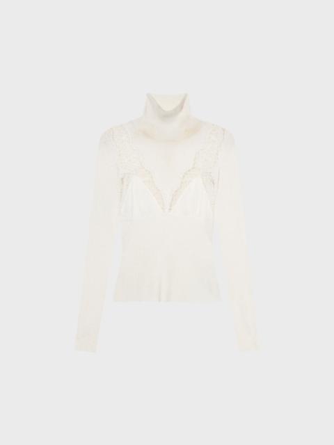 STRETCH RIBBED SWEATER WITH LACE AND SATIN INSERTS