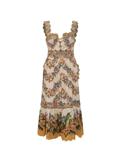 Sand Hilo floral scalloped midi dress
