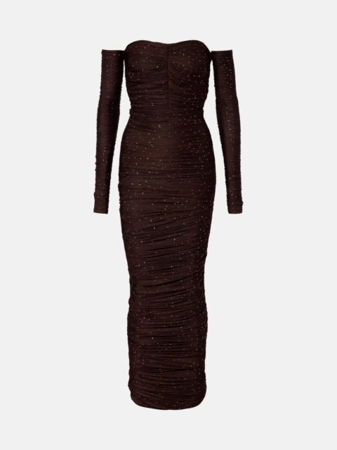 Ruched off-shoulder embellished jersey gown