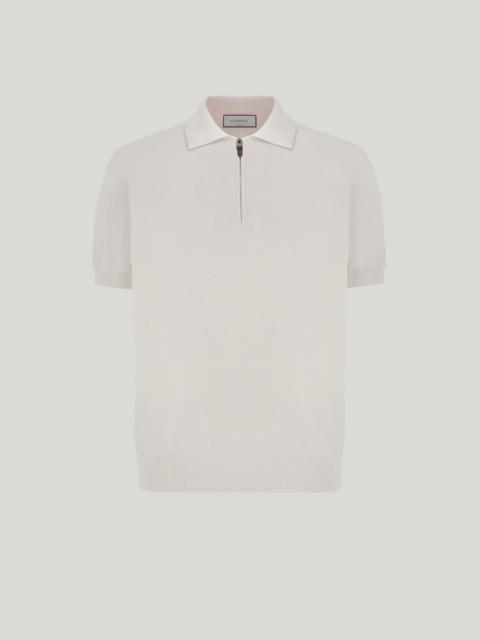 WHITE GIZA COTTON POLO SHIRT WITH ZIPPER AND CONTRASTING PIPING