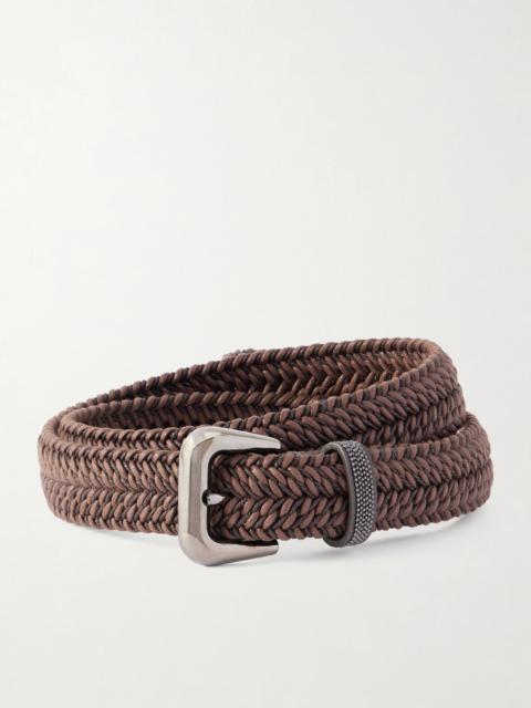 Bead-embellished Leather-trimmed Woven Belt