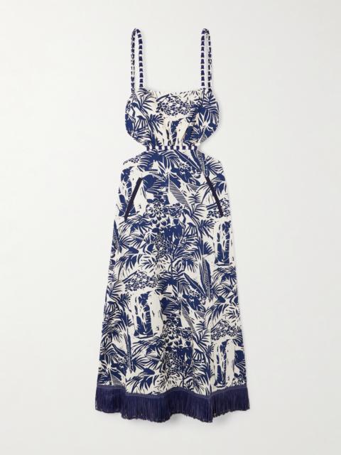 Harmony Fringed Embellished Printed Cotton-poplin Midi Dress