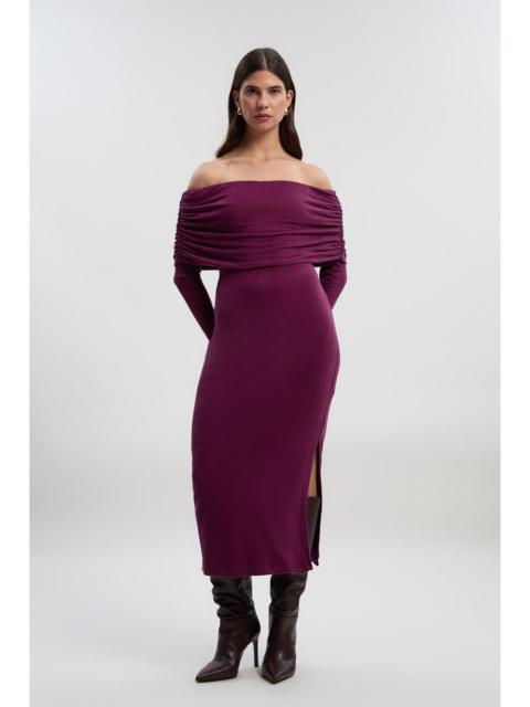 Off The Shoulder Brushed Textured Jersey Midi Dress
