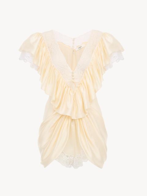 V-NECK SHORT JUMPSUIT IN WASHED SILK SATIN & LACE