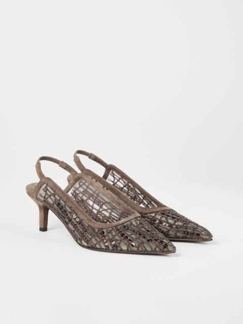 Glistening abstract embroidery city heels in suede