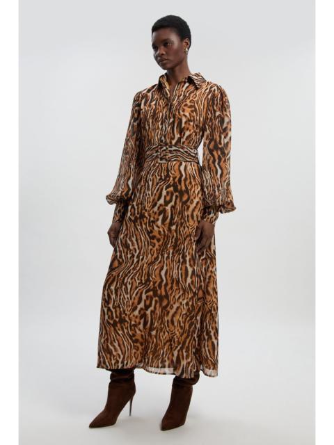 Animal Print Georgette Belted Woven Shirt Dress