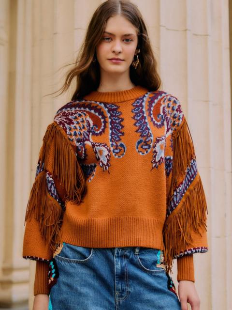 Brown Arabesque Scarf Fringe Cuffed Knit Sweater