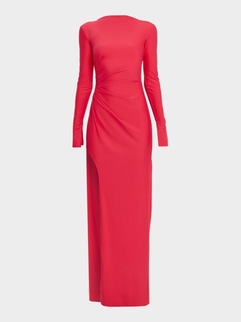 Matte Jersey Long-Sleeve Ruched Gown