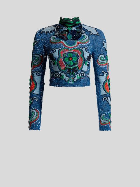 CROPPED COTTON SWEATER WITH CROCHET-EFFECT FLORAL MOTIF