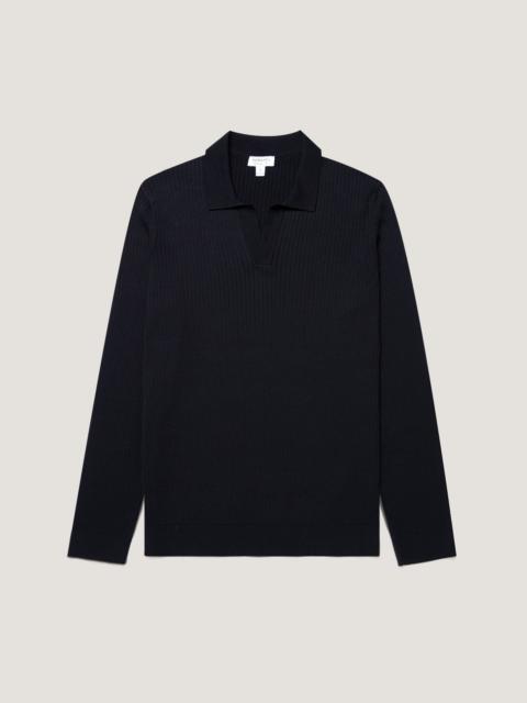 Long Sleeve Fine Rib Silk Cotton Polo Shirt