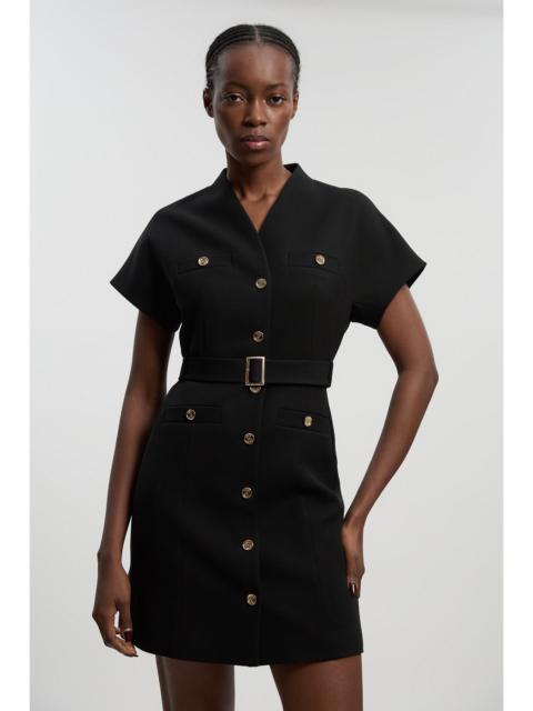 Textured Compact Stretch High Neck Belted Mini Dress