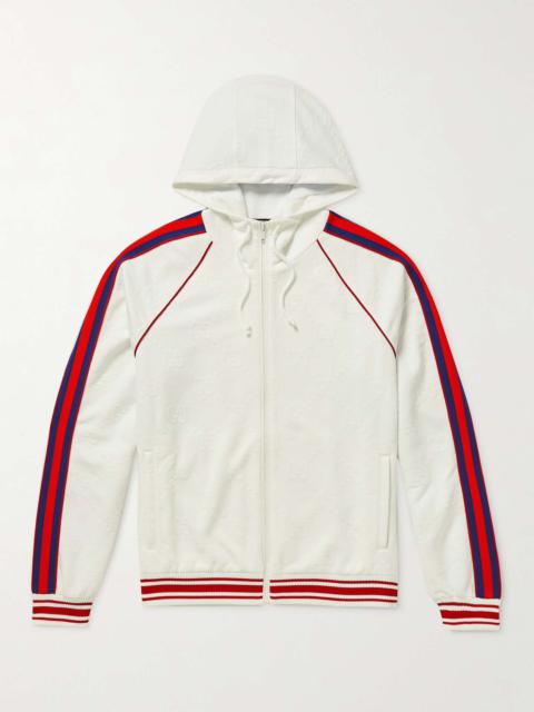 Webbing-Trimmed Jacquard-Knit Hooded Bomber Jacket