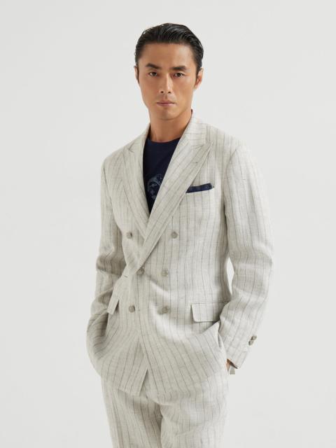 Chalk stripe linen twill one-and-a-half breasted deconstructed blazer with metal buttons