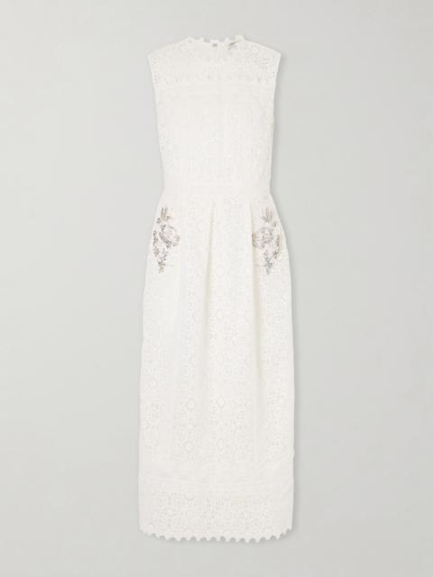 Crystal-embellished Cotton-guipure Lace Midi Dress