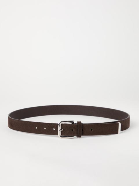 Reversed leather belt with square buckle and tip