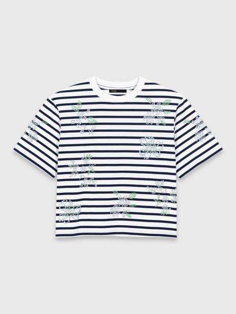 Striped rhinestone flower T-shirt