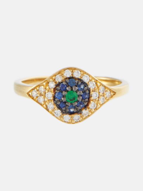 Cats Eye 18kt gold ring with diamonds, sapphires and tsavorite