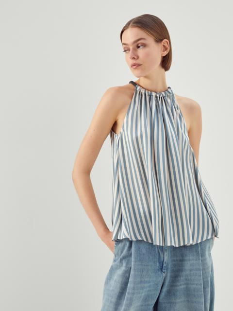 Viscose and silk striped twill top with shiny halterneck