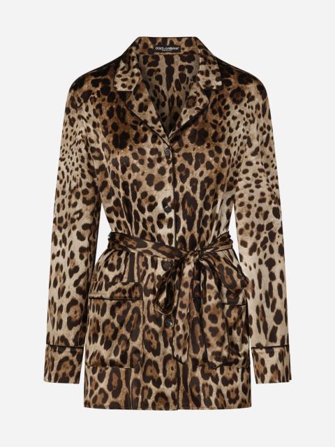 Leopard-print satin pajama shirt with belt