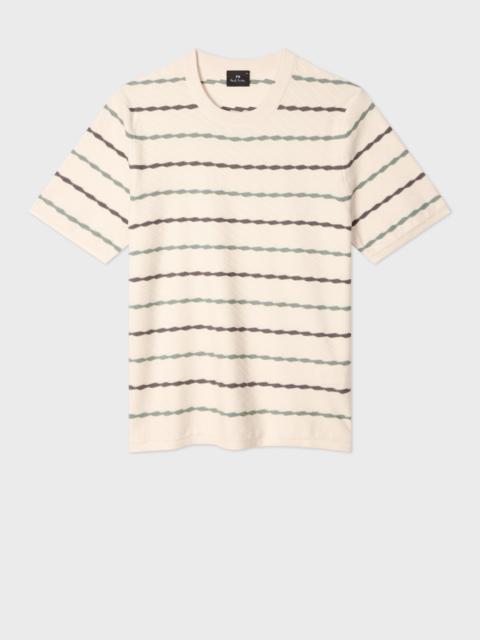 Ecru Textured Stripe Knitted Cotton T-Shirt