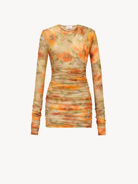 RUCHED MINI DRESS IN FLORAL TULLE JERSEY