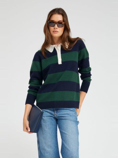 GREEN STRIPED CASHMERE POLO SWEATER