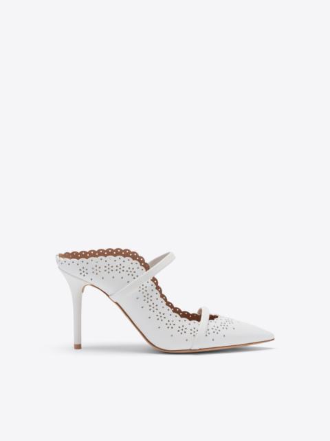 Maureen 85 White Broderie Leather Heeled Mules