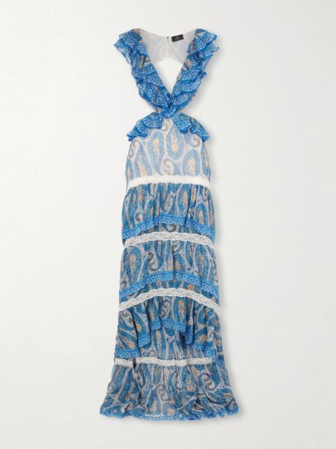 Asymmetric Ruffled Tiered Lace-trimmed Paisley-print Silk-chiffon Maxi Dress
