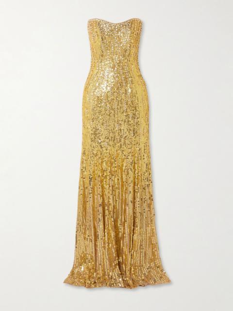 Sarai strapless sequined tulle gown Gold